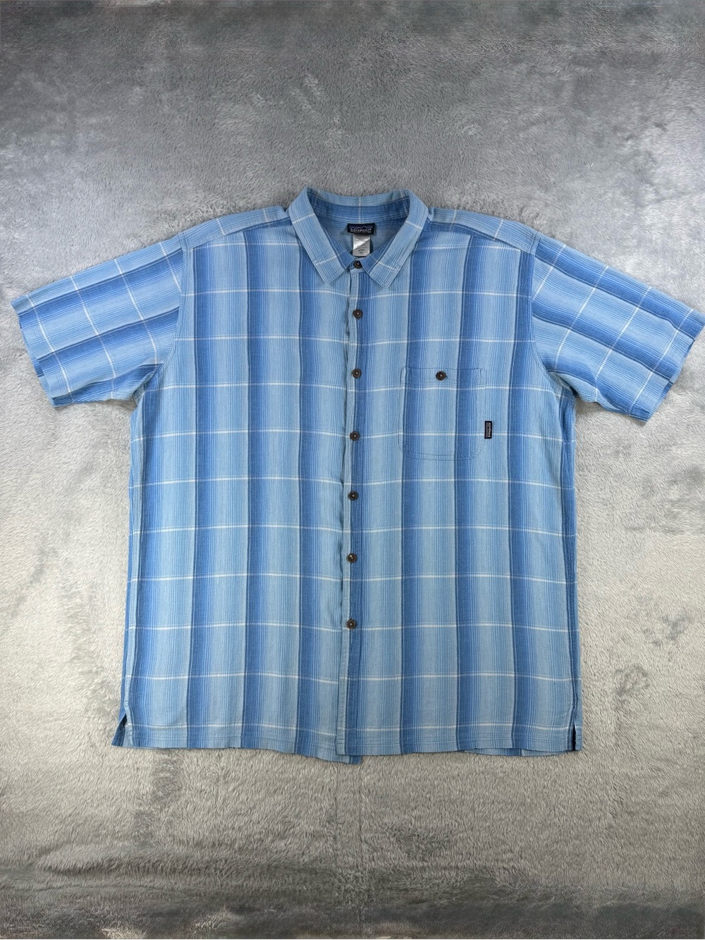 Patagonia XXL Blue Plaid Organic Cotton Seersucker Shirt